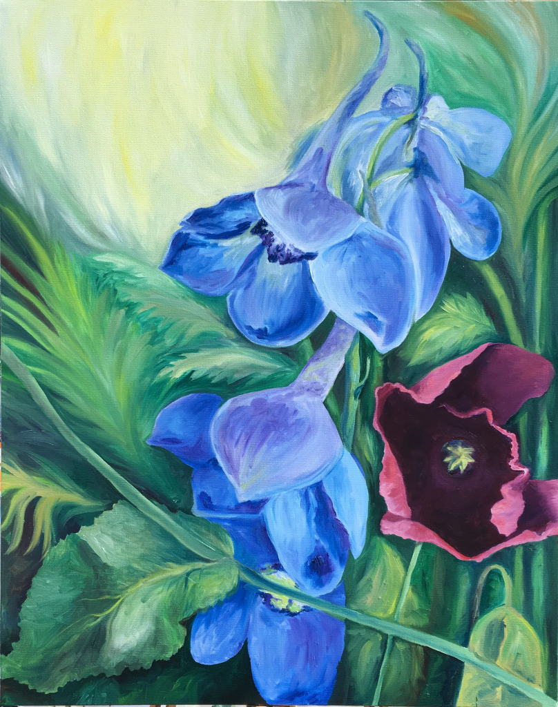 painting of large blue and red flowers on a green background